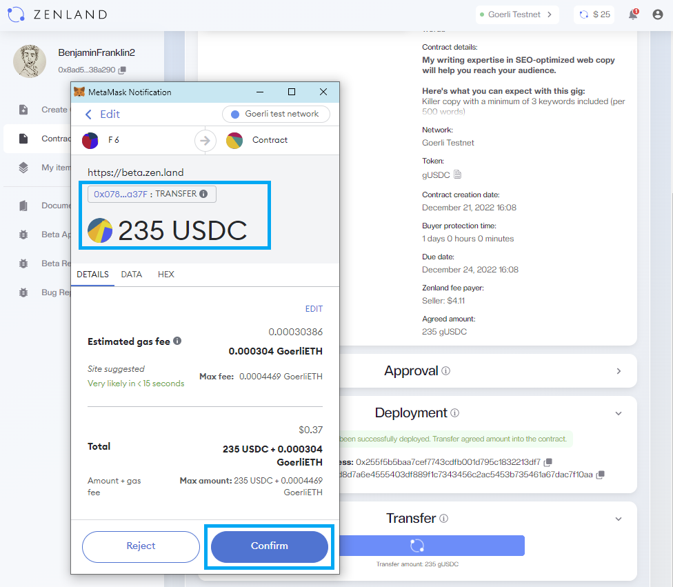 Transfer payment into the smart contract