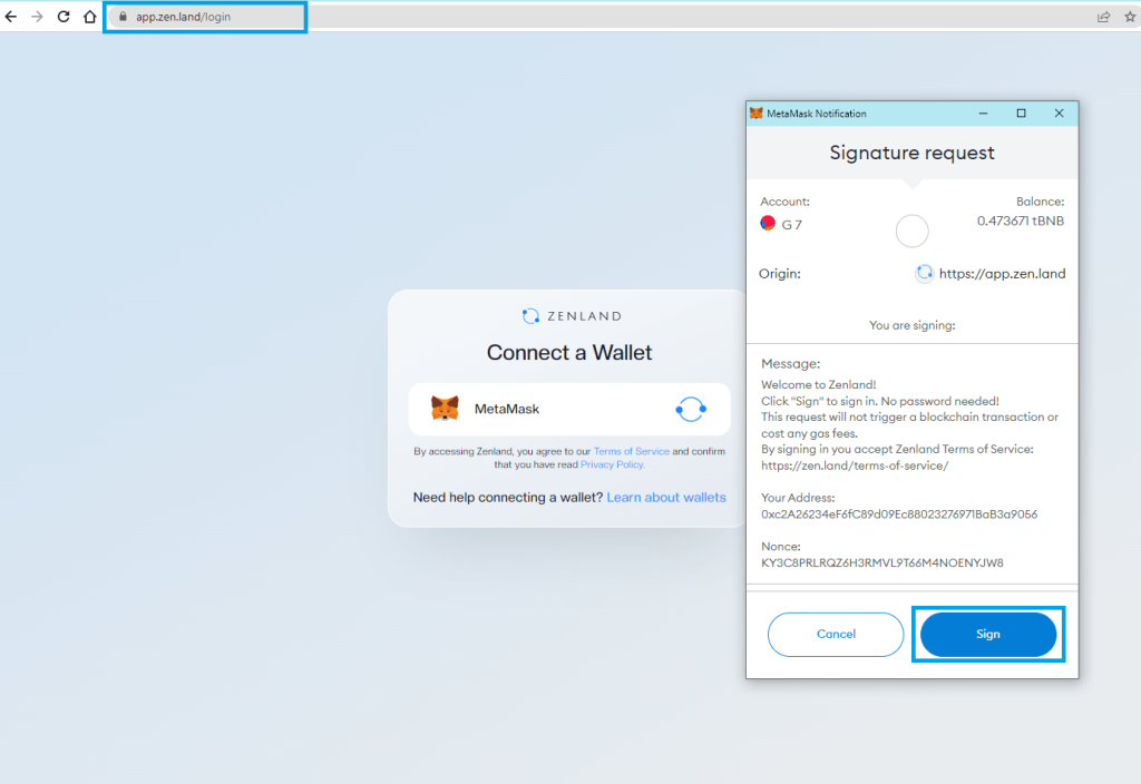 To use Zenland login with Metamask