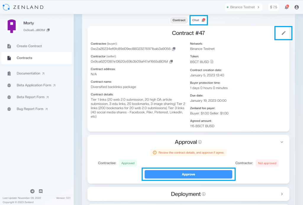 Seller logs in with Metamask and approves contract terms